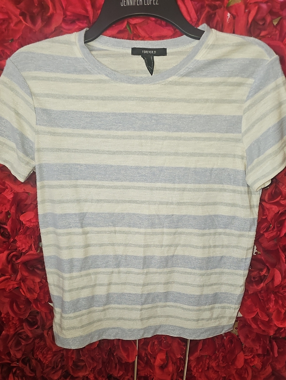 Forever 21 Striped Short Sleeve Crewneck in White and Light Blue Size Small